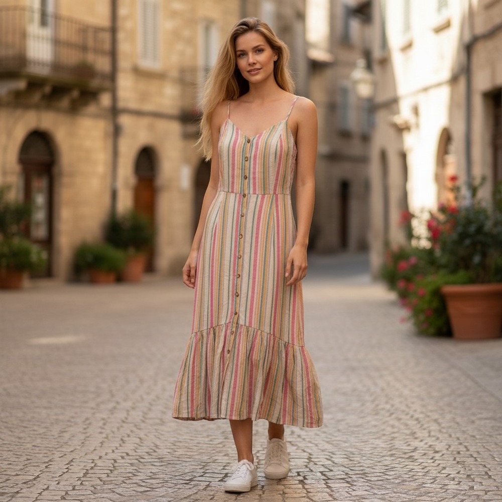 Mimi Chica Womens Midi Dress Multi-Color Stripe Medium Button Front Ruffle Hem